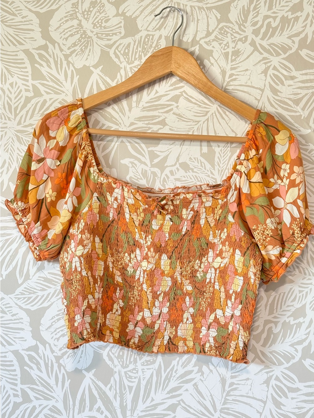 aerie Floral Smocked Puff Sleeve Crop Top